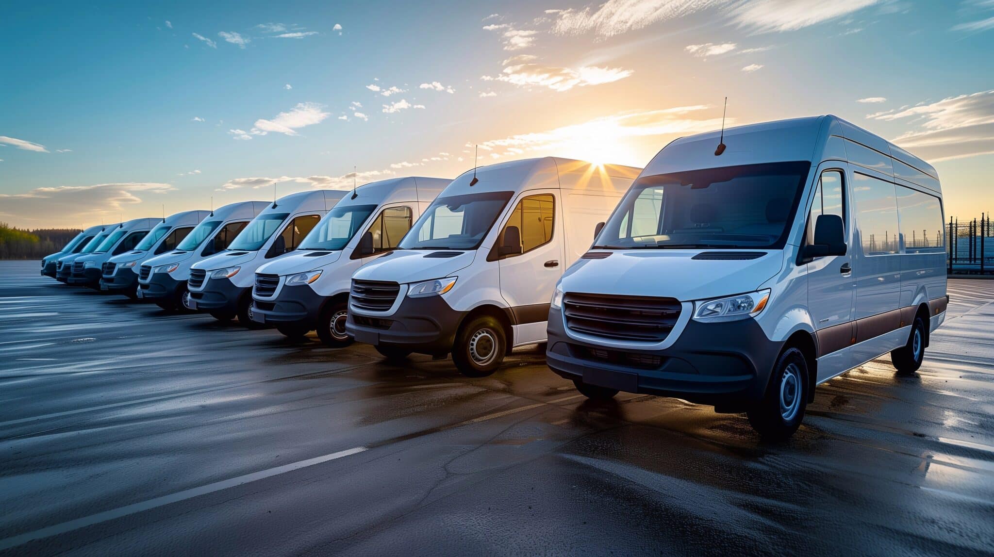 a number of minibuses ready for transportation of goods in the parking lot against the background of the sky. Generative ai