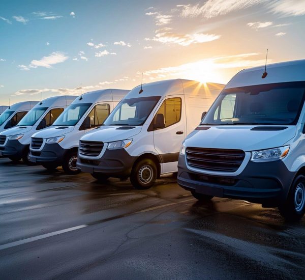 a number of minibuses ready for transportation of goods in the parking lot against the background of the sky. Generative ai